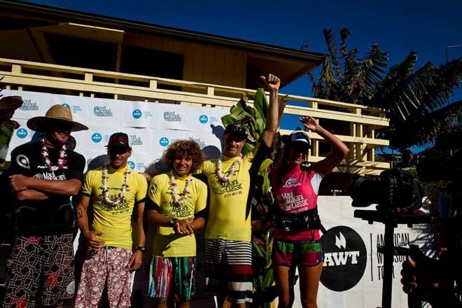 Pro Men on the podium; 4th Nat Gill, 3rd Camille Juban, 2nd Bernd Roediger, 1st Kevin Pritchard, Tour Director Sam Bittner - 2012 AWT Maui Makani Classic © American Windsurfing Tour http://americanwindsurfingtour.com/